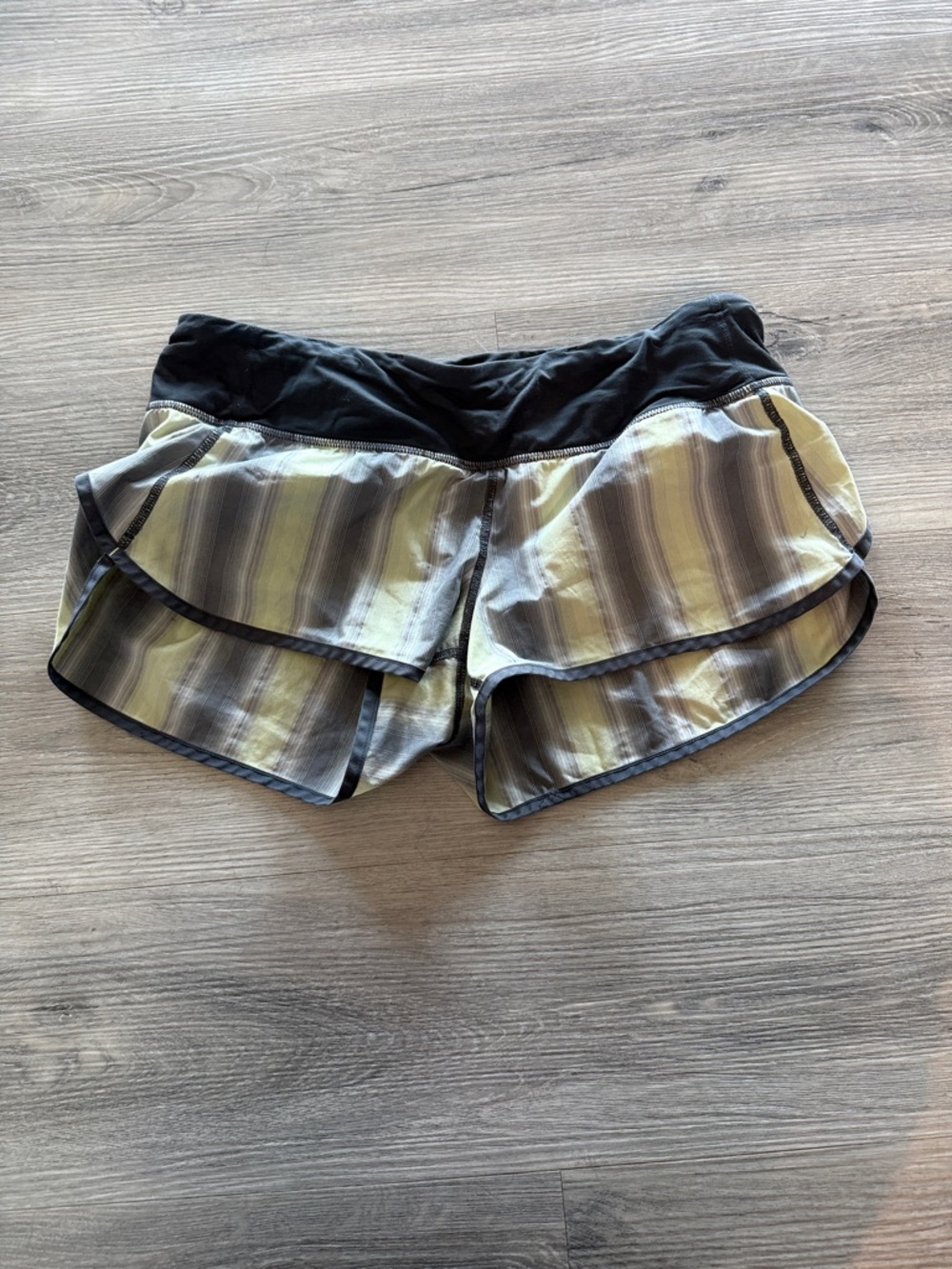 lululemon athletica Striped Olive and Black Layered Running Shorts